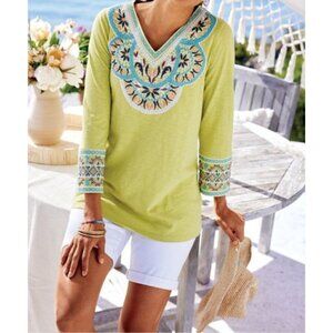 Soft Surroundings Sunrise Top Size M Embroidered Tunic 3/4 Sleeves Moroccan Boho